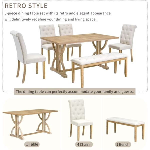 6 Piece Wooden Table Set with Bench, Vintage Rectangular Table, Unique Legs, 4 Upholstered Chairs, 1 Bench for Dining Room - Image 6