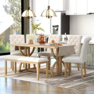 6 Piece Wooden Table Set with Bench, Vintage Rectangular Table, Unique Legs, 4 Upholstered Chairs, 1 Bench for Dining Room