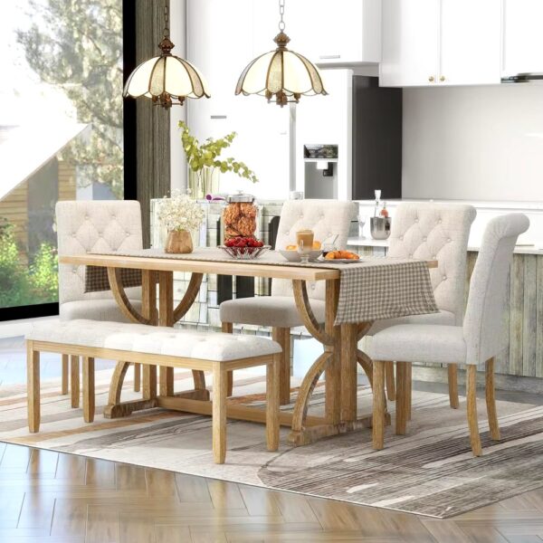 6 Piece Wooden Table Set with Bench, Vintage Rectangular Table, Unique Legs, 4 Upholstered Chairs, 1 Bench for Dining Room