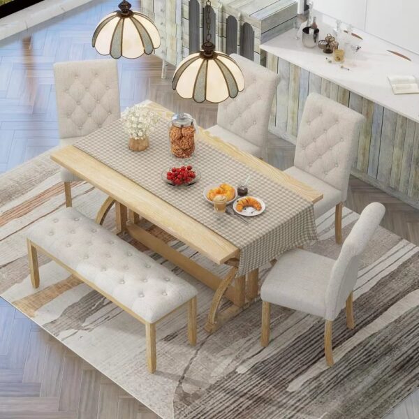 6 Piece Wooden Table Set with Bench, Vintage Rectangular Table, Unique Legs, 4 Upholstered Chairs, 1 Bench for Dining Room - Image 3