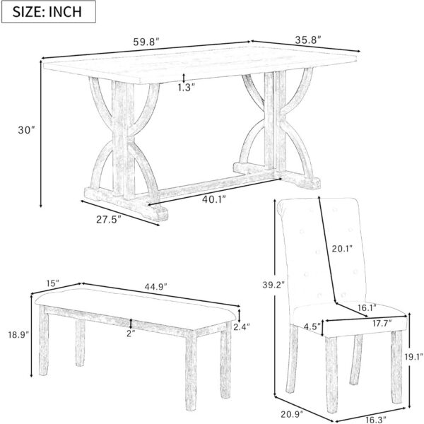 6 Piece Wooden Table Set with Bench, Vintage Rectangular Table, Unique Legs, 4 Upholstered Chairs, 1 Bench for Dining Room - Image 4