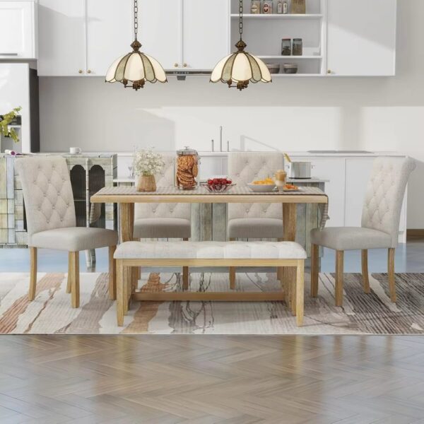 6 Piece Wooden Table Set with Bench, Vintage Rectangular Table, Unique Legs, 4 Upholstered Chairs, 1 Bench for Dining Room - Image 2